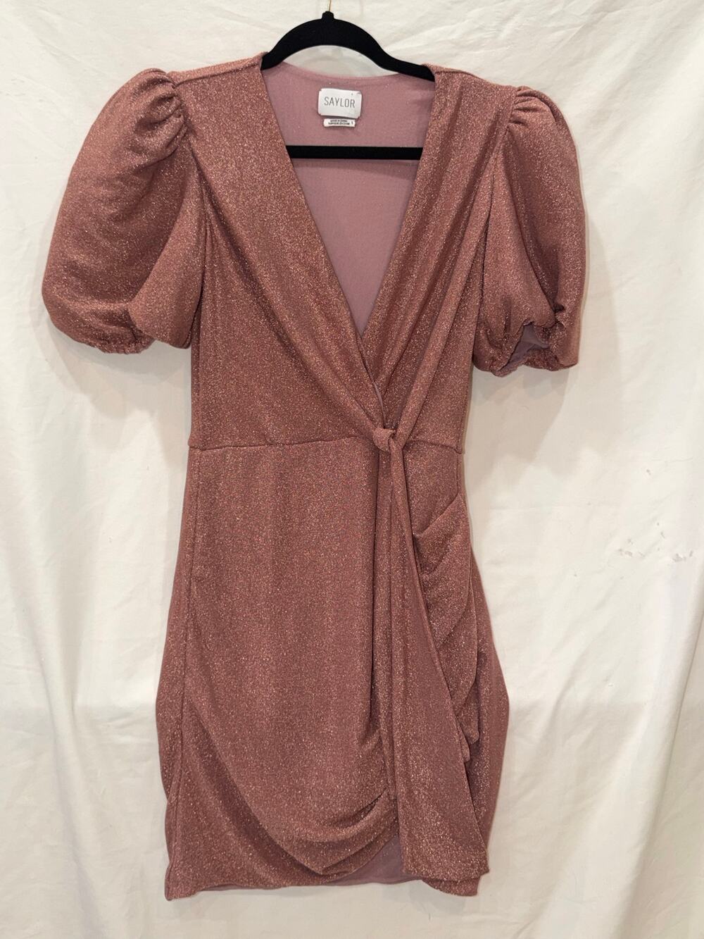 Saylor Rose Gold Metallic Puff Sleeve Mini Dress S